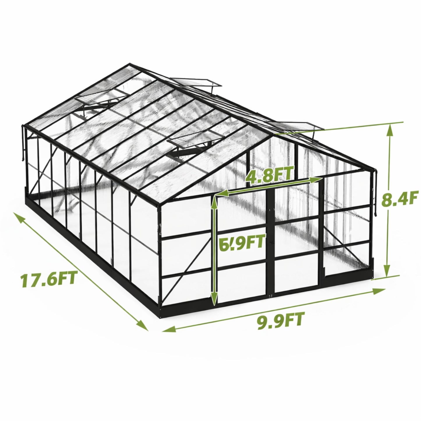 10X18 Ft Polycarbonate Greenhouse with Rain Gutter & 4 Roof Vents, Heavy Duty Aluminum Greenhouse for Outdoor Garden Backyard, Black